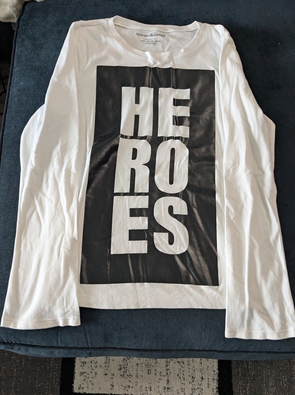 Norma Kamali White & Black 100% Organic Cotton Long Sleeve Top w/ HEROS Print XL